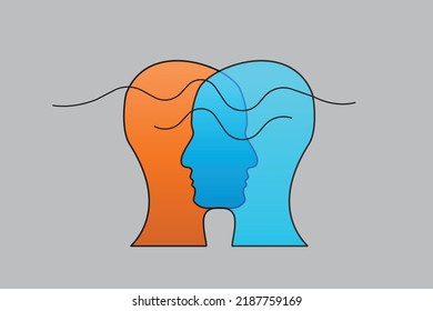 Emotional intelligence, logo two human profiles, coaching icon, psychologist, empathy symbol, psychiatrist, therapy, psychology sign. Vector illustration