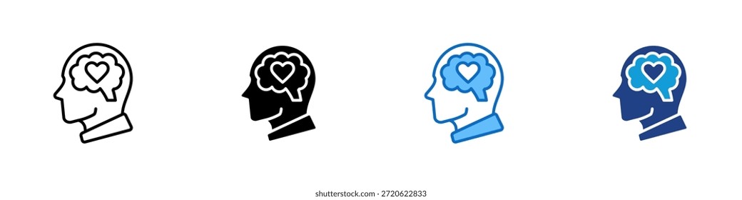 Vector de diseño de íconos de estilo múltiple: perfil de la cabeza humana con un corazón dentro de una forma cerebral, que expresa empatía, conciencia y comprensión emocional reflexiva