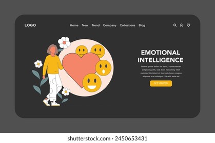 Emotional Intelligence night or dark mode web or landing page. An evocative illustration that delves into emotional intelligence, exploring emotion management and the power of empathy.