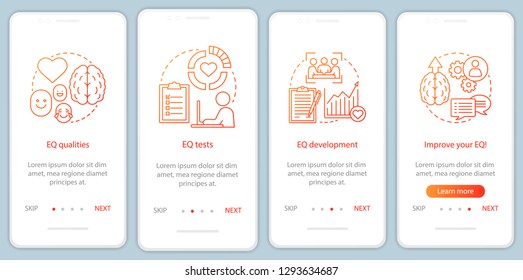 Emotional intelligence onboarding mobile app page screen with linear concepts. EQ qualities, test, development walkthrough steps graphic instructions. UX, UI, GUI vector template with illustrations
