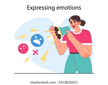 Inteligencia emocional. Aspectos positivos de la inteligencia emocional, desarrollo de EQ. Personaje expresando emociones libremente con altavoces. Ilustración vectorial plana