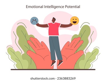 Emotional intelligence potential. Emotion balance and control skill. EQ development. Character with deep understanding of emotions and empathy. Self-regulation and awareness. Flat vector illustration