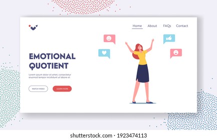 Emotional Intelligence Quotient Landing Page Template. Empathy, Cheerful Female Character with Positive Social Media Icons around. Woman Friendly Behavior or Communication. Cartoon Vector Illustration