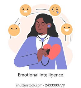 Emotional intelligence. Serene woman surrounded by diverse emotions. Understanding feelings. Heartfelt empathy. Flat vector illustration.