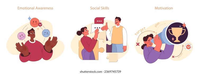 Emotional intelligence set. Diverse young characters soft social skill. Confidence and empathy for interpersonal communication. Self-regulation and awareness. Flat vector illustration