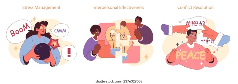 Emotional intelligence set. Diverse young characters soft social skill. Confidence and empathy for interpersonal communication. Self-regulation and awareness. Flat vector illustration