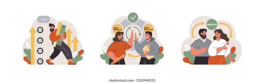 Emotional intelligence set. Emotion balance and control skill. EQ development. Character with deep understanding of emotions and empathy. Self-regulation and awareness. Flat vector illustration