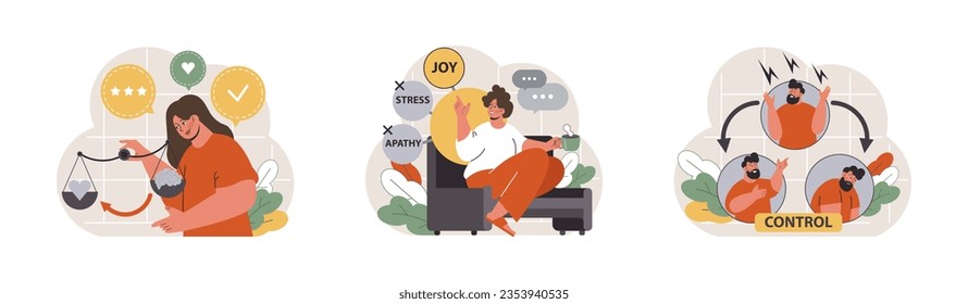 Emotional intelligence set. Emotion balance and control skill. EQ development. Character with deep understanding of emotions and empathy. Self-regulation and awareness. Flat vector illustration