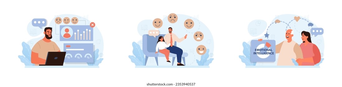 Emotional intelligence set. Emotion balance and control skill. EQ development. Character with deep understanding of emotions and empathy. Self-regulation and awareness. Flat vector illustration