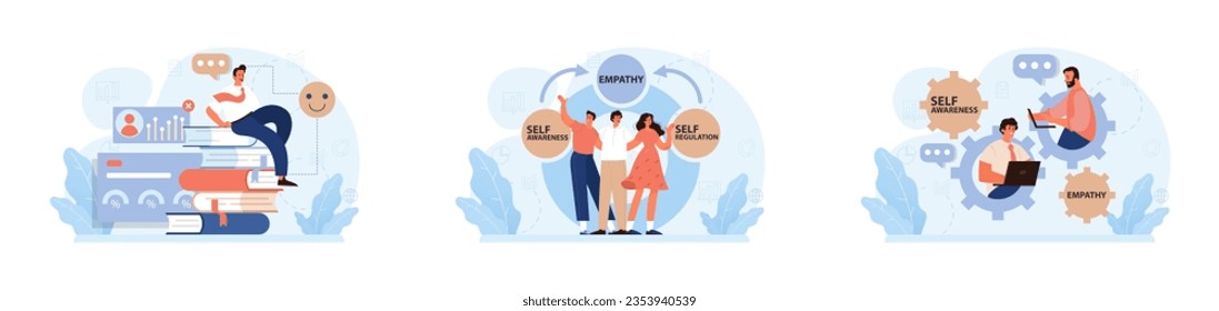 Emotional intelligence set. Emotion balance and control skill. EQ development. Character with deep understanding of emotions and empathy. Self-regulation and awareness. Flat vector illustration