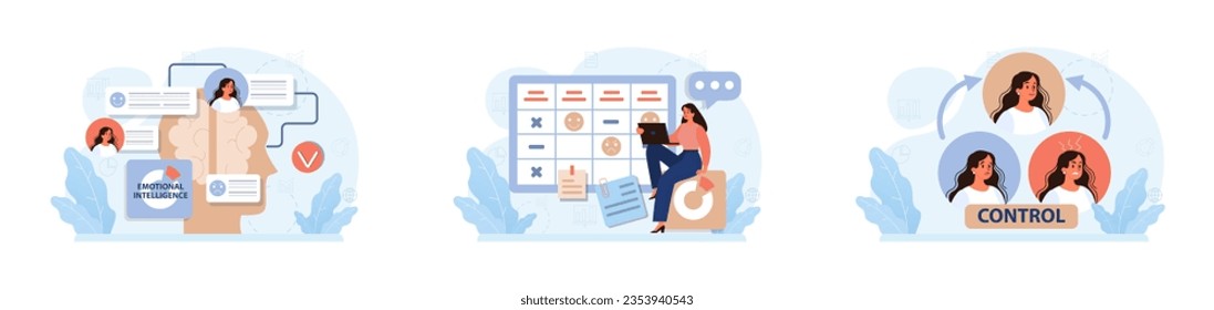 Emotional intelligence set. Emotion balance and control skill. EQ development. Character with deep understanding of emotions and empathy. Self-regulation and awareness. Flat vector illustration