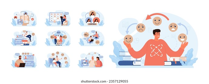 Emotional intelligence set. Emotion balance and control skill. EQ development. Character with deep understanding of emotions and empathy. Self-regulation and awareness. Flat vector illustration