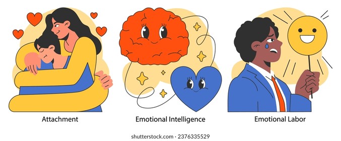 Emotional intelligence set. Emotions expression and mood regulation skill. Deep understanding of emotions and empathy. Flat vector illustration