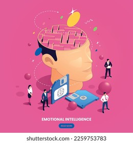 Inteligencia emocional pensamiento conceptos mentales composición isométrica con texto de botón pulsable y laberinto en ilustración de vector de imagen cerebral