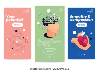 Emotional intelligence thinking mental concepts isometric set of vertical banners with molecule heart and head images vector illustration