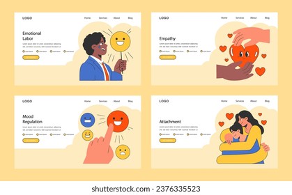 Emotional intelligence web banner or landing page set. Emotions expression and mood regulation skill. Deep understanding of emotions and empathy. Flat vector illustration