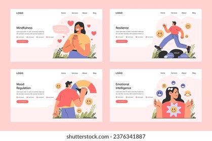 Emotional intelligence web banner or landing page set. Emotions expression and mood regulation skill. Deep understanding of emotions and empathy. Flat vector illustration
