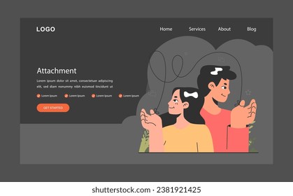 Emotional intelligence web banner or landing page dark or night mode. Healthy attachment style in a romantic relationship. Man and woman tied with a string. Loving couple. Flat vector illustration