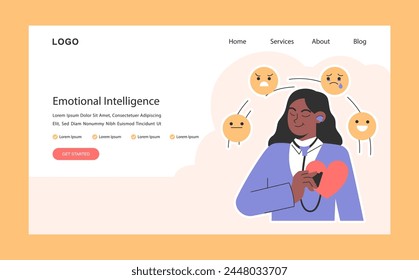 Emotional intelligence web banner or landing page. Serene woman surrounded by diverse emotions. Understanding feelings. Heartfelt empathy. Flat vector illustration.