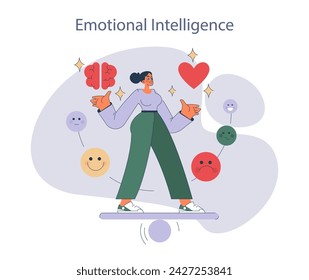 Emotional Intelligence. Woman balancing emotions with intellect, showcasing empathy and self-awareness. Symbolizes psychological acumen.