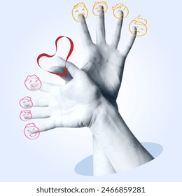 Emotional interweaving of human hands with hand drawn love heart and group of happy finger smileys. Concept of family, love, friendship. Vector illustration, art collage.