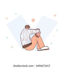 Emotional issues. Boy sitting on the floor with bad mood isolated on white background. Vector illustartion
