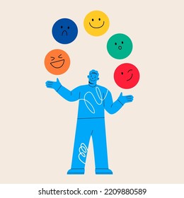 Emotional Juggling man. Impulse control and reaction mental activity explore inner personality. Colorful vector illustration
