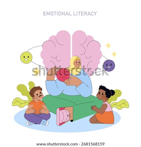 Emotional literacy vector illustration featuring two children and a teacher discussing emotions. Symbols of happiness and sadness are included in a learning environment.