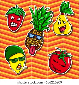 Emotional, live fruits with eyes: an evil strawberry, a pineapple in glasses shows tongue, piercing, toothless pear, smart tomato, lemon in glasses and a cap with a lollipop