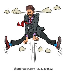 emotional male businessman jumped up, steam from his ears, cartoon pose