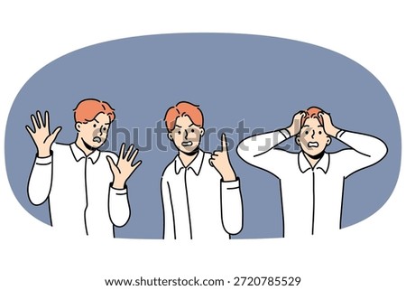 Emotional man is afraid and feels aggression or panic, showing various gestures after receiving misinformation. Identical guys in different emotional and psychological states caused by stress