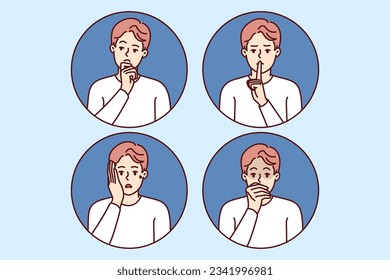 Emotional man with different moods shows thoughtful or frightened grimace and calls for silence. Emotional expressive guy feels fear and horror and says shh putting finger to mouth.