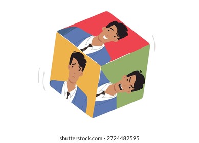 Emotional man on different dice dice, for concept of chaotic emotions and bipolar disorder in behavior. Good and evil businessman treats colleagues and partners differently due to changes in emotions