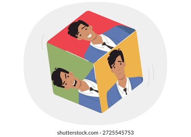 Homem emocional em dados diferentes, para o conceito de emoções caóticas e transtorno bipolar no comportamento. O bom e o mau empresário trata os colegas e parceiros de forma diferente devido a mudanças nas emoções