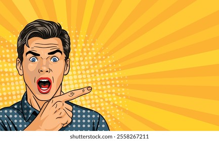 Emotional man shows with his hand on a colored background. in a bright pop art style