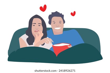 Emotional man and woman feel happy with film in theater. Couple eat popcorn enjoy movie in cinema.Nightlife. Relaxation. Activity. Fun concept Entertainment and weekend. Vector illustration. Weekend. 