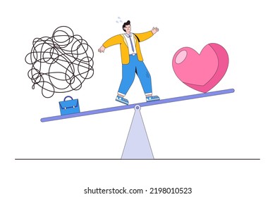 Emotional management between work stressed and happy lifestyles, keep harmony among career and life concepts. Businessman standing on seesaw balancing briefcase with messy lines and passion heart.