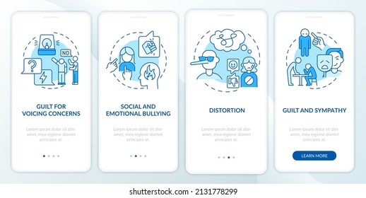 Emotional manipulation tactics blue onboarding mobile app screen. Walkthrough 4 steps graphic instructions pages with linear concepts. UI, UX, GUI template. Myriad Pro-Bold, Regular fonts used