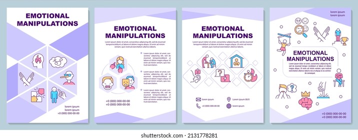 Emotional manipulations purple brochure template. Abusive behavior. Leaflet design with linear icons. 4 vector layouts for presentation, annual reports. Arial-Black, Myriad Pro-Regular fonts used