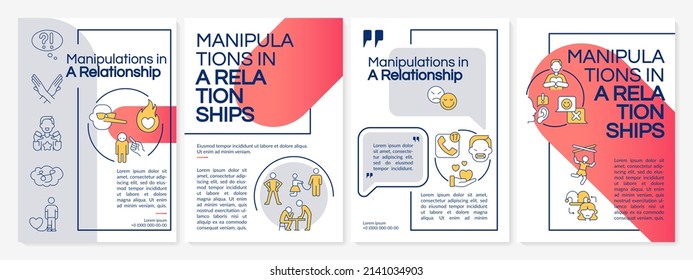 Emotional manipulations in relations red brochure template. Unhealthy behavior. Leaflet design with linear icons. 4 vector layouts for presentation, annual reports. Questrial, Lato-Regular fonts used