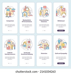 Comportamiento emocional de los manipuladores a bordo de la pantalla de la aplicación móvil. Recorrido 4 pasos de páginas de instrucciones gráficas con conceptos lineales. UI, UX, plantilla GUI. Multitud de tipos de letra Pro-Bold, con uso regular