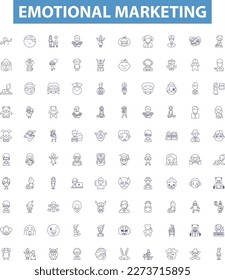 Emotional marketing line icons, signs set. Engaging, Captivating, Intriguing, Inspirational, Endearing, Empathic, Resonant, Appealing, Touching outline vector illustrations.