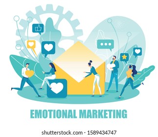 Emotional Marketing and Targeting. Ideas for Target Market. Cartoon tiny People with Social Media Positive Feedback Icons. Relationship Management. Advertising Flat Banner. Vector Illustration