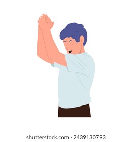 Emotional mature man cartoon character praying raising folded hands over head vector illustration