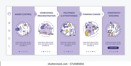 Emotional maturity onboarding vector template. Constantly evolving. Thinking change. Anger control. Responsive mobile website with icons. Webpage walkthrough step screens. RGB color concept