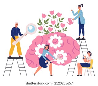 Emotional, mental health, brain healthcare, cognitive problem concept. Specialists team helps with emotional disorder vector illustration. Doctors helping people. Characters fixing gears and watering