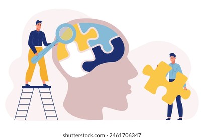 Emotional, mental health, brain healthcare, cognitive problem concept. Male characters arranging puzzles in head. Magnifying glass examining human mind. Connected jigsaw pieces vector