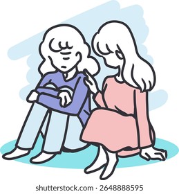 Desenho Animado Comfort Between Friends. O gesto de apoio e a expressão empática capturam a essência da amizade carinhosa, cura emocional e consciência de saúde mental.