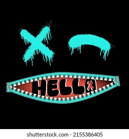 Emotional monster face with evil eyes. zippered mouth with the word hello. Dude character t shirt design.