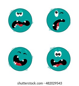 Emotional monster smiles - surprised, joyful, angry and grimace collection. Vector